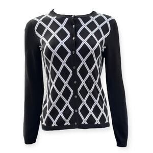 Brooks Brothers Womens Black White Argyle Silk Cotton Blend Cardigan Size XS